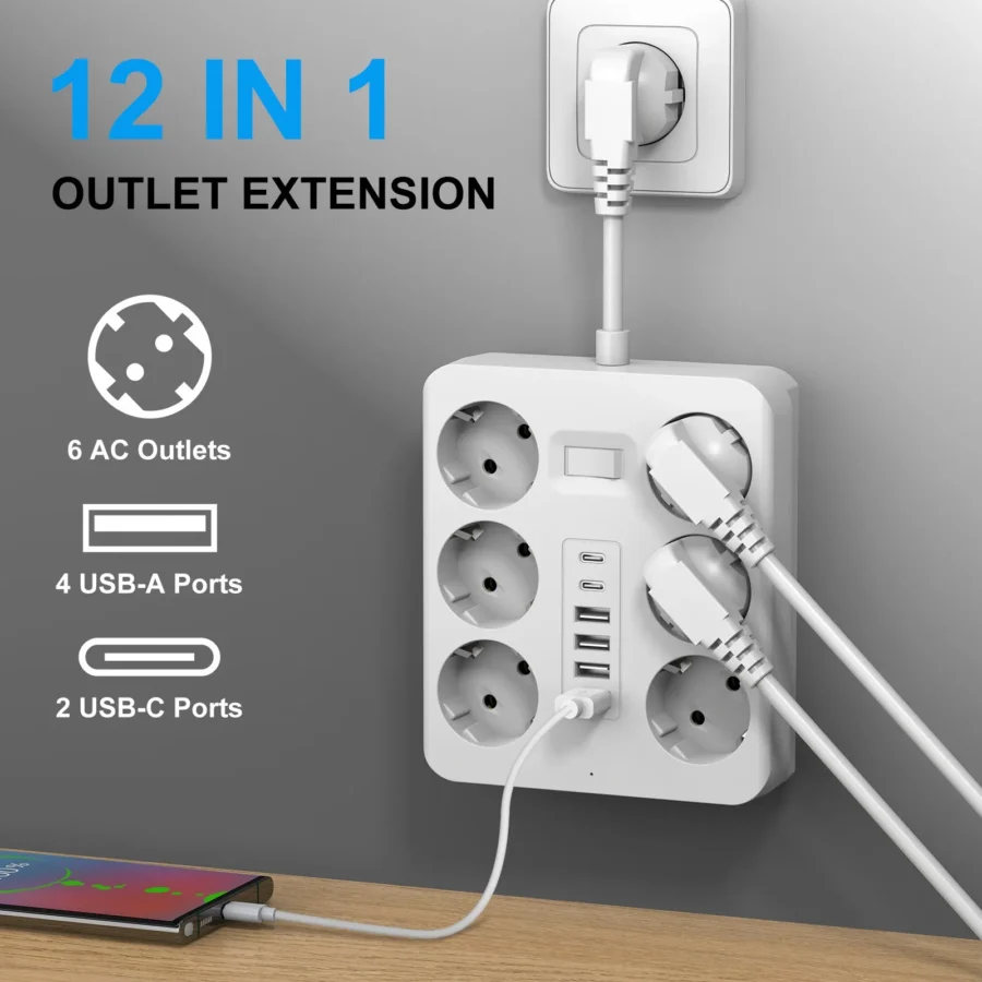 Wall Socket Extender with 6 AC Outlets 4 USB Ports 2 Type-C EU Plug Charger Electrical Switch For Home Power Strip Socket - Image 4