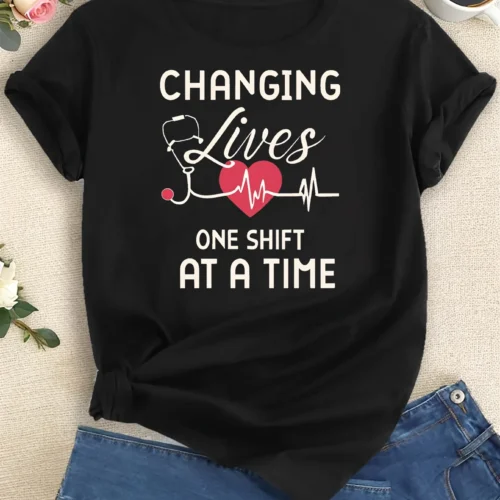 Neck Casual Summer & Spring Women's Clothing Sleeve Dedication Heartbeat Print T-shirt Crew Casual Tops Tees Aesthetic Clothes