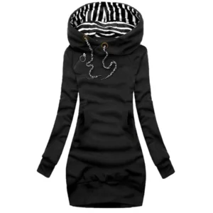 Hoodie Dress - Long Sleeve Pullover with Drawstring for Casual Wear - black, S