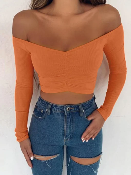 Long Sleeve Off Shoulder T-Shirt with Solid Color for Women in Autumn Fashion - Image 3