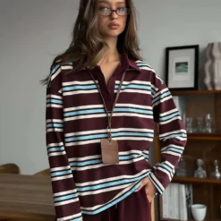 Oversized Long Sleeve T-Shirt with Vintage Inspired Striped Polo Collar for Women