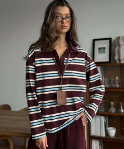 Wolfeel Women's Vintage Inspired Retro Striped Polo Collar Oversized Drop Shoulder Long Sleeve T-Shirt Trendy Casual Top