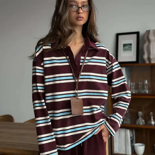 Wolfeel Women's Vintage Inspired Retro Striped Polo Collar Oversized Drop Shoulder Long Sleeve T-Shirt Trendy Casual Top