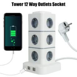 Tower Power Strip with 4 USB Ports, 2.8m Extension Cord, EU Plug, Overload Protector, 220V 10A