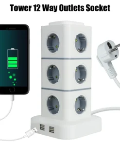 Tower 12 Way Outlets Socket Multi Power Strip Vertical 2.8m Extension Cord EU Plug with 4 USB Overload Protector Switch 220V 10A