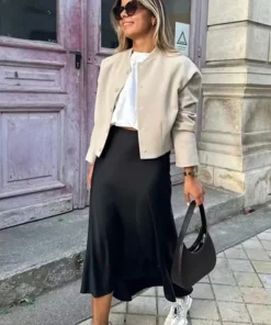 Alternative view of MUJER High Waist Satin Midi Skirt for Women – Elegant Black Long Skirt