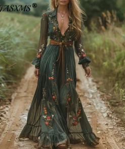 Retro Floral Pleated Maxi Dress with Shirt Collar for Women