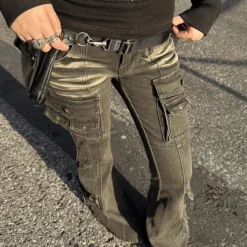 Alternative view of Black Low Waist Cargo Jeans with Distressed Bootcut Design for Women featuring Multi-Pockets