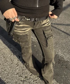 Alternative view of REDDACHiC Black Low Waist Cargo Jeans for Women - Distressed Bootcut Pants with Multi-Pockets