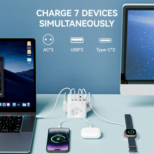 Alternative view of 1 7-in-1 EU power strip, power strip surge protector, 1.5m extension cord,3 AC outlets 3 USB 1 Type-C, timed off desktop chargin
