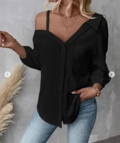 Alternative view of Shirt Women Blouses Top Office Lady Single Breasted Off Shoulder Pocket Asymmetrical Female Spring Summer 2025 Casual Overshirt