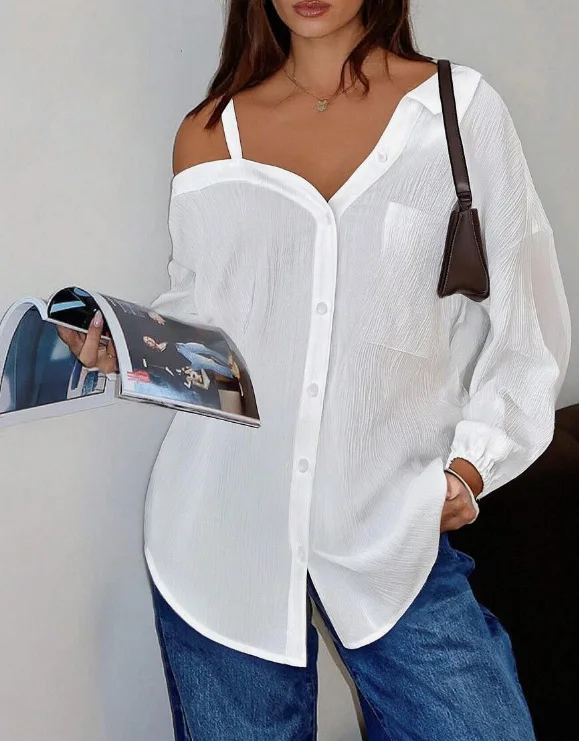 Women’s Off Shoulder Asymmetrical Blouse with Pocket for Spring Summer Casual Wear - Image 6
