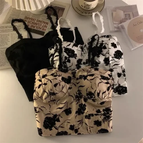 Alternative view of Harajuku Elastic Camisole Women Retro Aesthetic French Style Sleeveless Inside Clothes Floral Lady Summer Casual Crops Popular