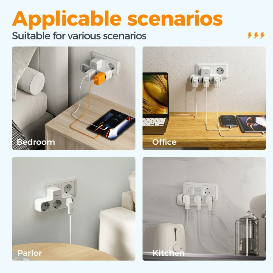 TESSAN Multiple Wall Socket with 3 AC Outlets Charging Ports EU Plug Wall Power Strip with Overload Protection 3fach Stecker Eu - Image 6