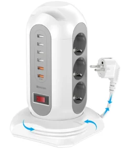 15-in-1 tower power strip 2500W, 9 sockets, 6 USB charging ports, retractable 1.8-meter extension cord expansion plug