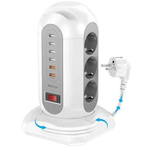15-in-1 tower power strip 2500W, 9 sockets, 6 USB charging ports, retractable 1.8-meter extension cord expansion plug