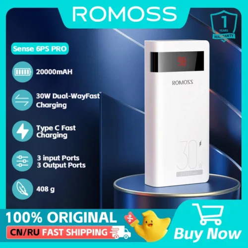 Romoss 20000mAh Power Bank - 30W Fast Charging Portable Charger for iPhone and Xiaomi