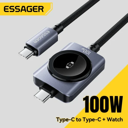 Alternative view of Essager 100W Type C To Type C Cable for Apple Watch IWatch Ultra iphone 17 16 15 xiaomi Samsung 2 in 1 USB C Fast Charging Wire