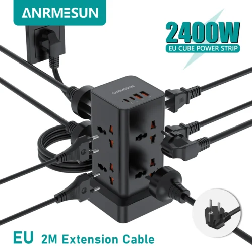 Tower Power Strip EU Plug Surge Protection 2 USB 2 Type C PD 20W Fast Charging Universal Multi Outlets Socket Extension