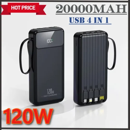 Large Capacity 20000mAh Power Bank with 120W Fast Charging and LED Light for iPhone, Huawei, Samsung