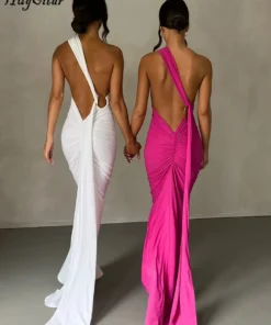 Hugcitar One Shoulder Backless Maxi Dress - Adjustable Ruched Design for Women