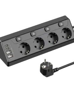 European desktop multi-contact power strip, 2 USB-A and 2 Type-C corner power sockets, 2M extension cord, home office kitchen