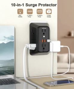 Alternative view of US Plug Power Strip Multitap 6 AC Outlets 2 USB 2 Type C Port Charge Electrical Socket Network Filter Fast Charging Home Office
