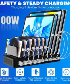 Multi-Port 100W Charger: 5 USB & 5 Type-C Ports Stand Design Supports 10 Devices Simultaneously, Compatible with Phones & Tablet