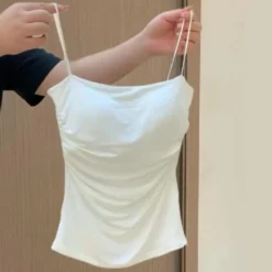 Spaghetti Strap Crop Top with Built-in Bra for Women - Bodycon Cami Tube Tee in Korean Y2K Style