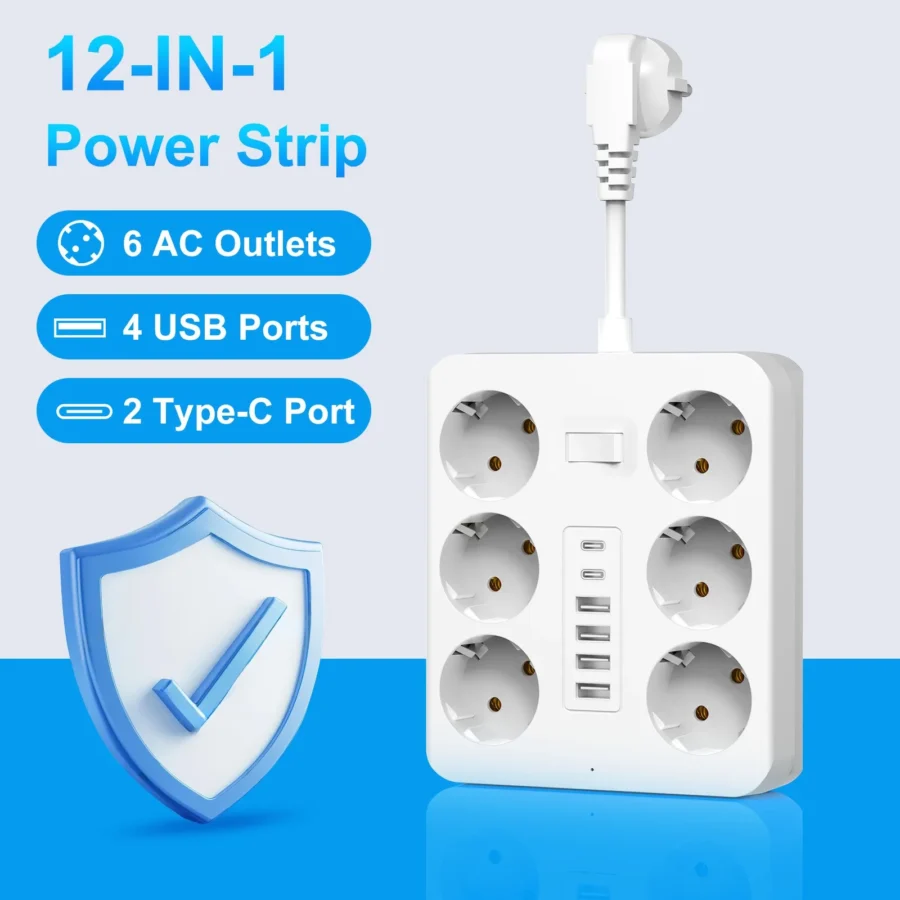 Wall Socket Extender with 6 AC Outlets 4 USB Ports 2 Type-C EU Plug Charger Electrical Switch For Home Power Strip Socket - Image 3