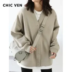 Korean Autumn Winter Women's V-neck Sweatshirt Casual Loose Thick Warm Coat for Office Ladies