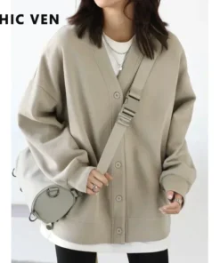 CHIC VEN Korean Autumn Winter Women's Sports Coat Casual Loose V-neck Sweatshirt for Women Thick Warm Tops Office Lady Female