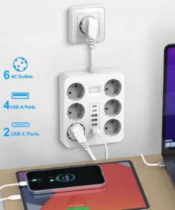 Wall Socket Extender with 6 AC Outlets 4 USB Ports 2 Type-C EU Plug Charger Electrical Switch For Home Power Strip Socket