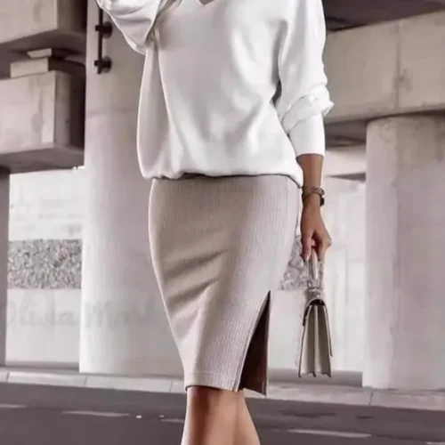 Alternative view of Autumn Winter Casual Loose V-neck Sweatshirt Suit Women's Tight Skirt Long-sleeved Top Two-piece Set New Fashion Holiday Sets