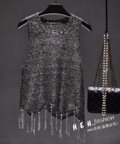 Alternative view of Sexy Shiny Gold Silver Knitted Tank Tops Women Bling Bling Sequined Tassels Knitted Vest Clothes