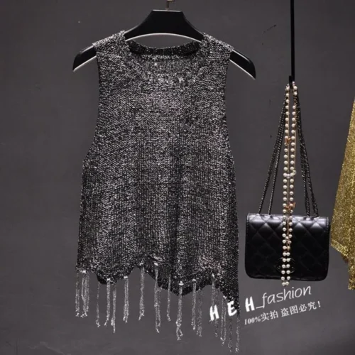 Alternative view of Sexy Shiny Gold Silver Knitted Tank Tops Women Bling Bling Sequined Tassels Knitted Vest Clothes
