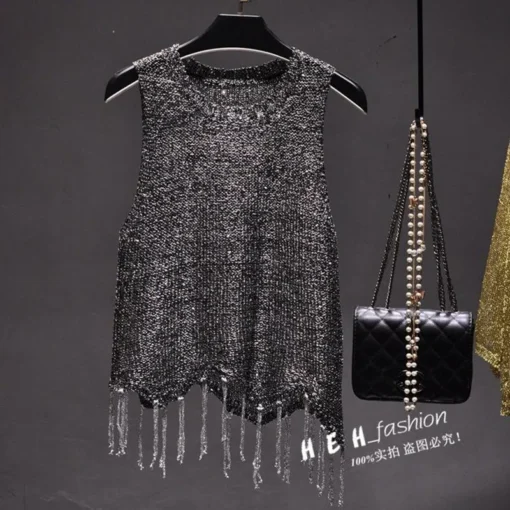 Sequined Knitted Tank Tops with Tassels for Women in Shiny Gold and Silver - Image 2
