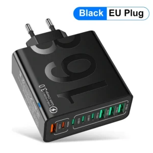 8-Port USB-C Wall Charger - Fast Charging Adapter for Mobile Devices - Ideal for Home or Office Use - Black EU Plug