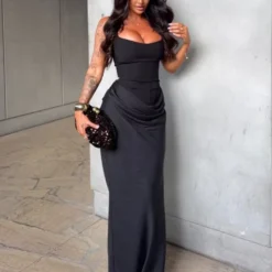 Brown Pleated Mini Dress with Square Neck and Backless Design for Women