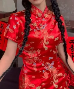 Red Dragon Mini Cheongsam Dress for Women - Satin Vintage Qipao with Mandarin Collar (4XL - 6XL)