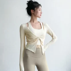 Alternative view of Long Sleeve Bow Yoga Shirts with V Neck and Breathable Fabric for Women Fitness and Running