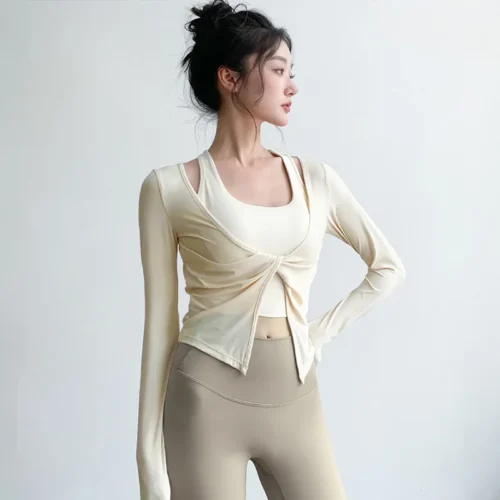 Alternative view of Long Sleeve Bow Yoga Shirts Women Sexy V Neck Breathable Fitness Tops Running Solid Color Slim Gym Tops Female Workout Clothes