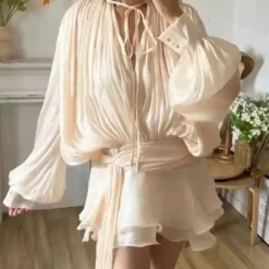 Beige V Neck Long Sleeve Blouse Mini Dress with Spliced Lace Up for Women