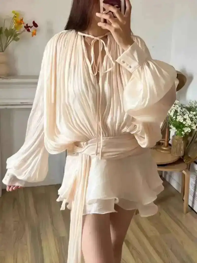 Beige Top Solid Blouse Mini Dresses For Women V Neck Long Sleeve Spliced Lace Up Sweet Style Dress Female Clothing Fashion P7WI