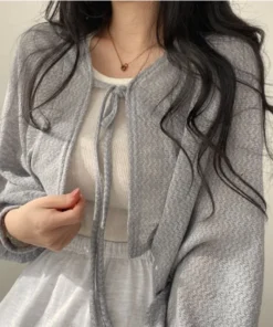 Alternative view of Thin White Cardigan Women Summer Sunscreen Lace-up Knitwear Tops Lady Korean Style Casual Lantern Sleeve Short Sun Protected Top