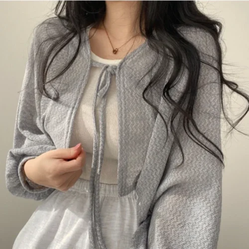 Alternative view of Thin White Cardigan Women Summer Sunscreen Lace-up Knitwear Tops Lady Korean Style Casual Lantern Sleeve Short Sun Protected Top