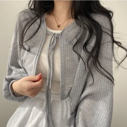Lace-up Knitwear Cardigan with Lantern Sleeves for Women - Summer Sunscreen Casual Top - Image 2