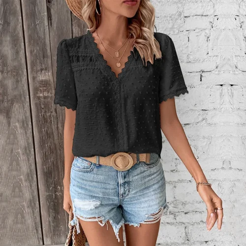 Alternative view of Women Blouse Top Lace Spliced V Neck Short Sleeves Solid Color Shirts 2025 Summer Tops Office Lady Female Casual Blouses
