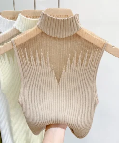 Alternative view of Mesh Knitted Top Women Y2K Tank Top Half Neck Vest Female Sleeveless Sweater Chic Cut Out Streetwear Solid Skinny Tube Top
