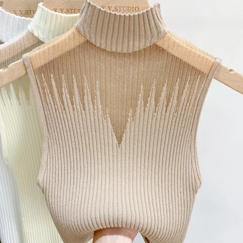 Alternative view of Mesh Knitted Top Women Y2K Tank Top Half Neck Vest Female Sleeveless Sweater Chic Cut Out Streetwear Solid Skinny Tube Top